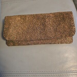 Moyna Gold Beaded Clutch Satin Lining Elegant Evening Fold Bag Zipper